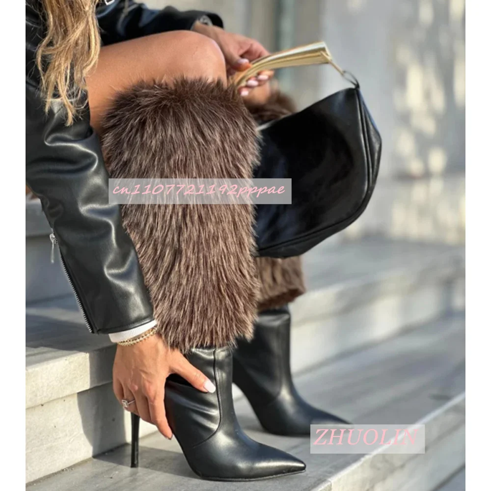 

Winter Stiletto Heel Fur Boots Ladies Pointed Side Zipper Patent Leather Fashion Boots Sexy Catwalk Large Size Knee-High Boots