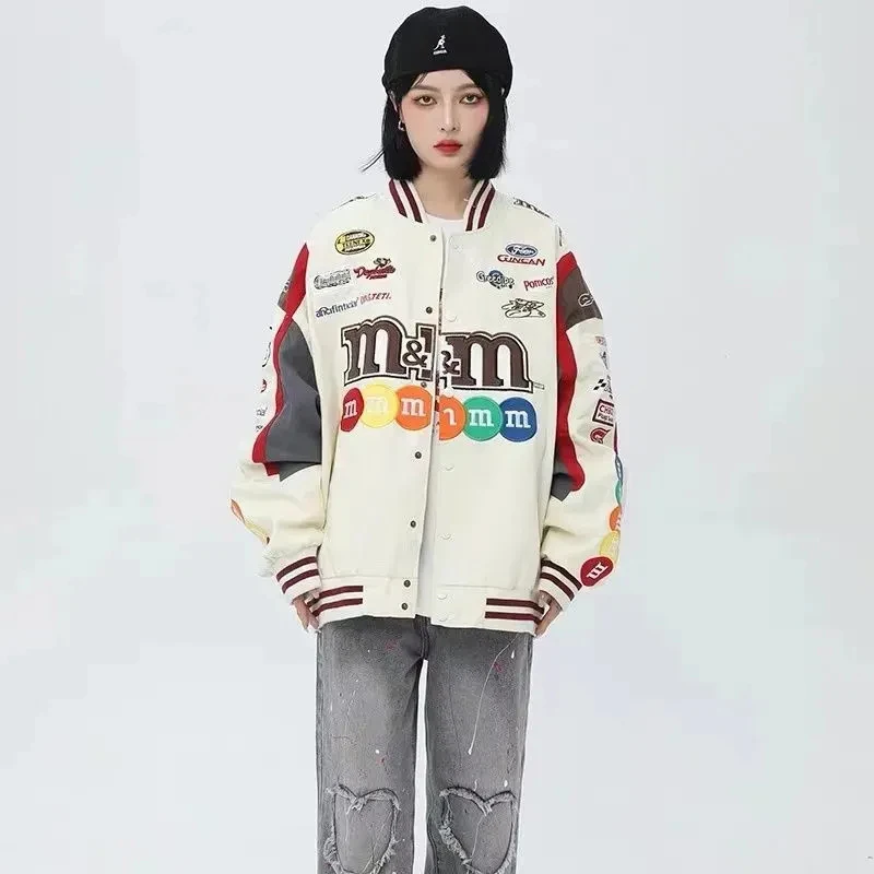 Bomber Jacket Women Hip Hop Letter M&M Embroidery Motorcycle Loose Casual Coat Unisex Street Racing Varsity Baseball Outwear