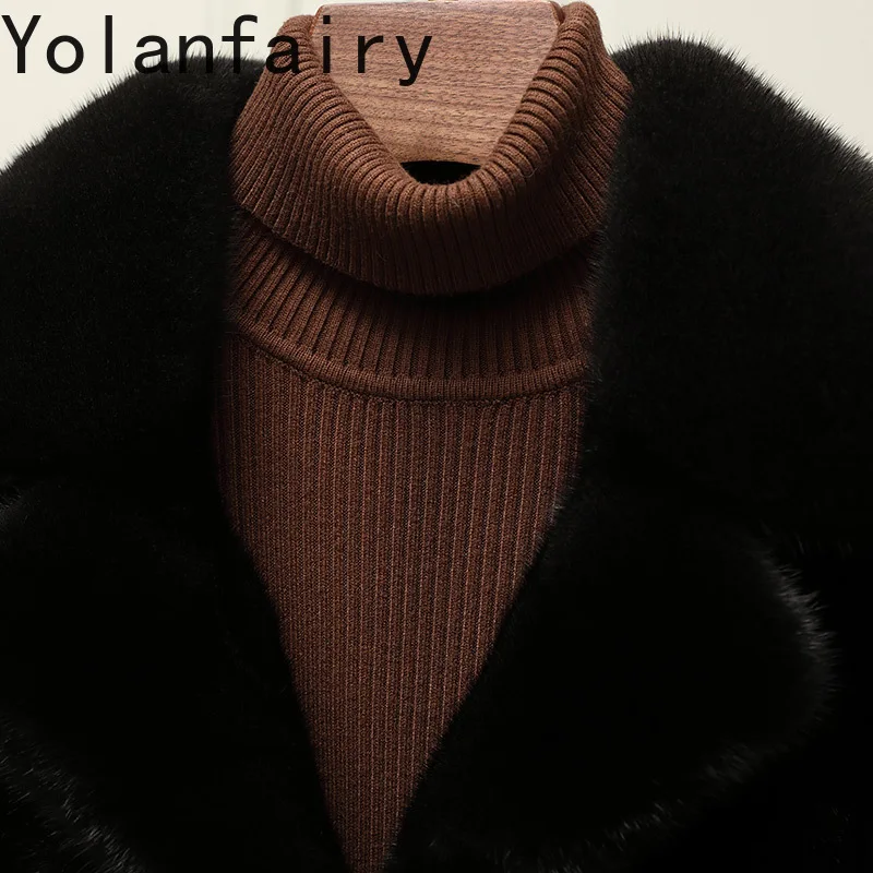 YOLANFAIRY معطف فرو حقيقي عالي الجودة للنساء سترة من فرو المنك لشتاء 2025 سترات من فرو المنك للنساء معاطف فرو سوداء قصيرة وياقة بدلة
