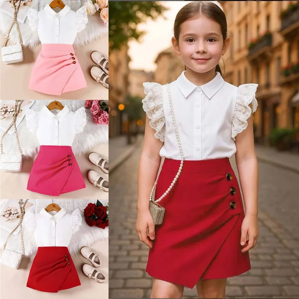 2026 Summer Arrival  Girls 2Pcs Set Collared Lace Ruffled Sleeve Blouse + Asymmetrical Skort Kids Casual Party Outfit 2-12Y