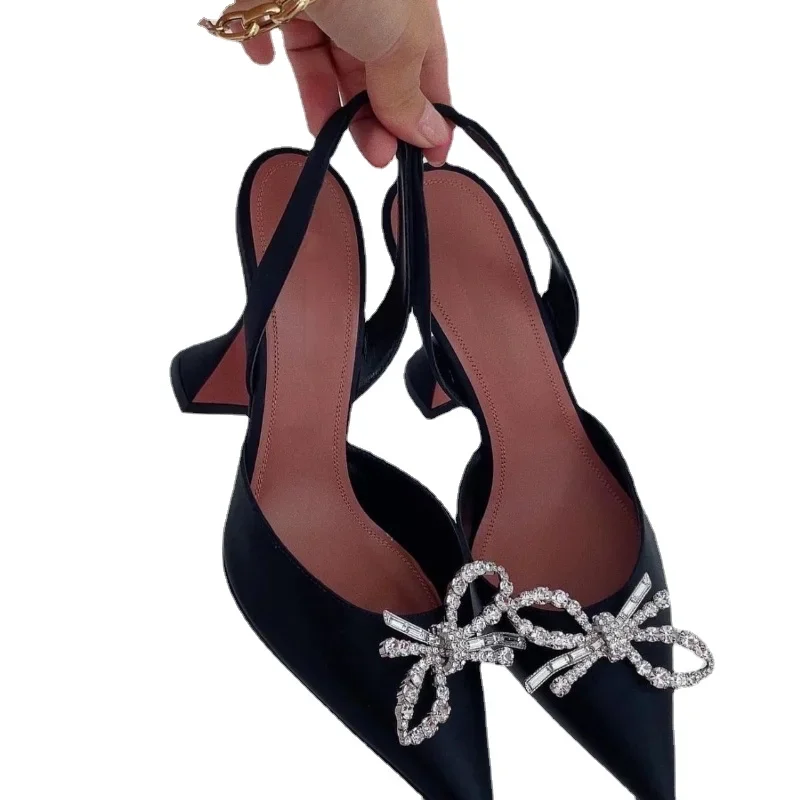 2025 Summer New Stiletto Heel Pointed Toe Strap High-Heeled Sandals Women\'s Rhinestone Bow Pumps