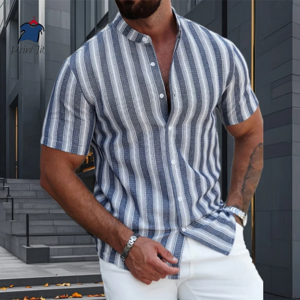 Men's Stand Collar Striped Casual Fashion Short Sleeve Shirt Texture Print Summer Hawaiian Vacation Tops S-6XL Men's clothing