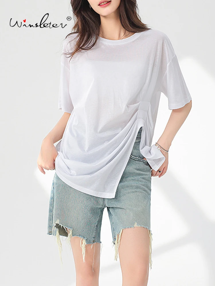 

Winsleter, 8%Silk 54%Cotton Elegant T-Shirt, Woman Short Sleeve Pleating, Casual OL Commute Tops, 2024 Summer Autumn T46020QC