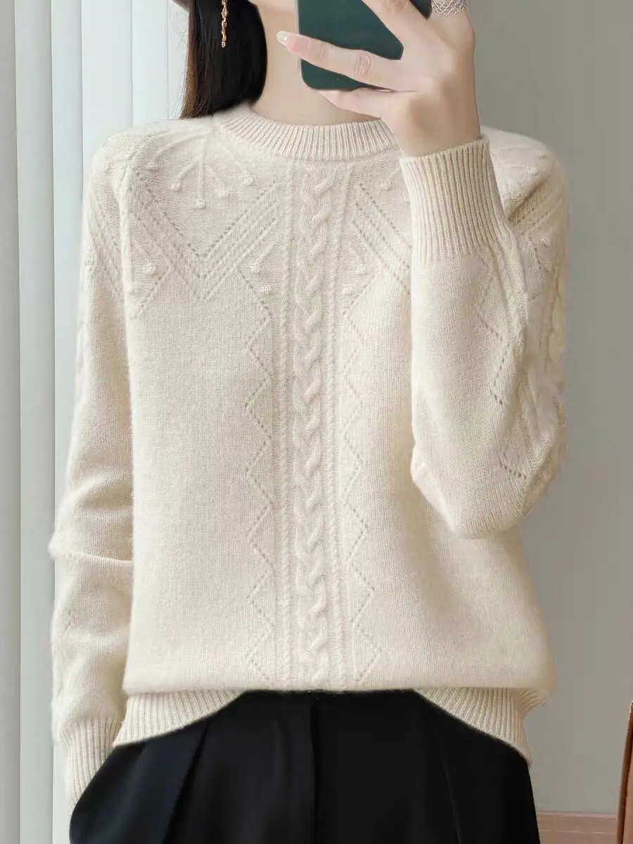 

Изысканные женские свитера, вязаные жаккардовые ажурные модные пуловеры с круглым вырезом, осень-зима, однотонные универсальные повседневные топы с базовым слоем