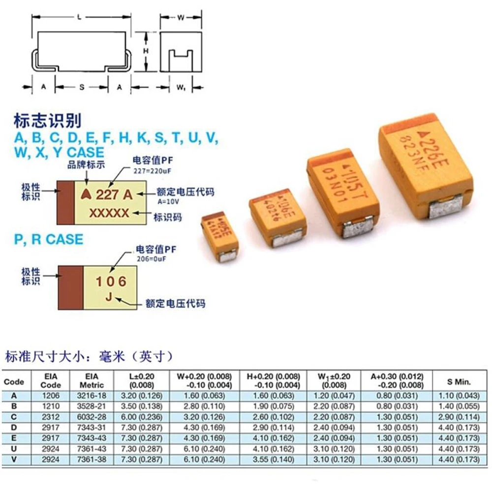 10PCS A B C D Case Tantalum capacitor 6V 10V 16V 25V 35V 50V  0.1UF 1uf 2.2UF 4.7UF 10UF 22UF 33UF 47UF 100UF 220uF 330UF