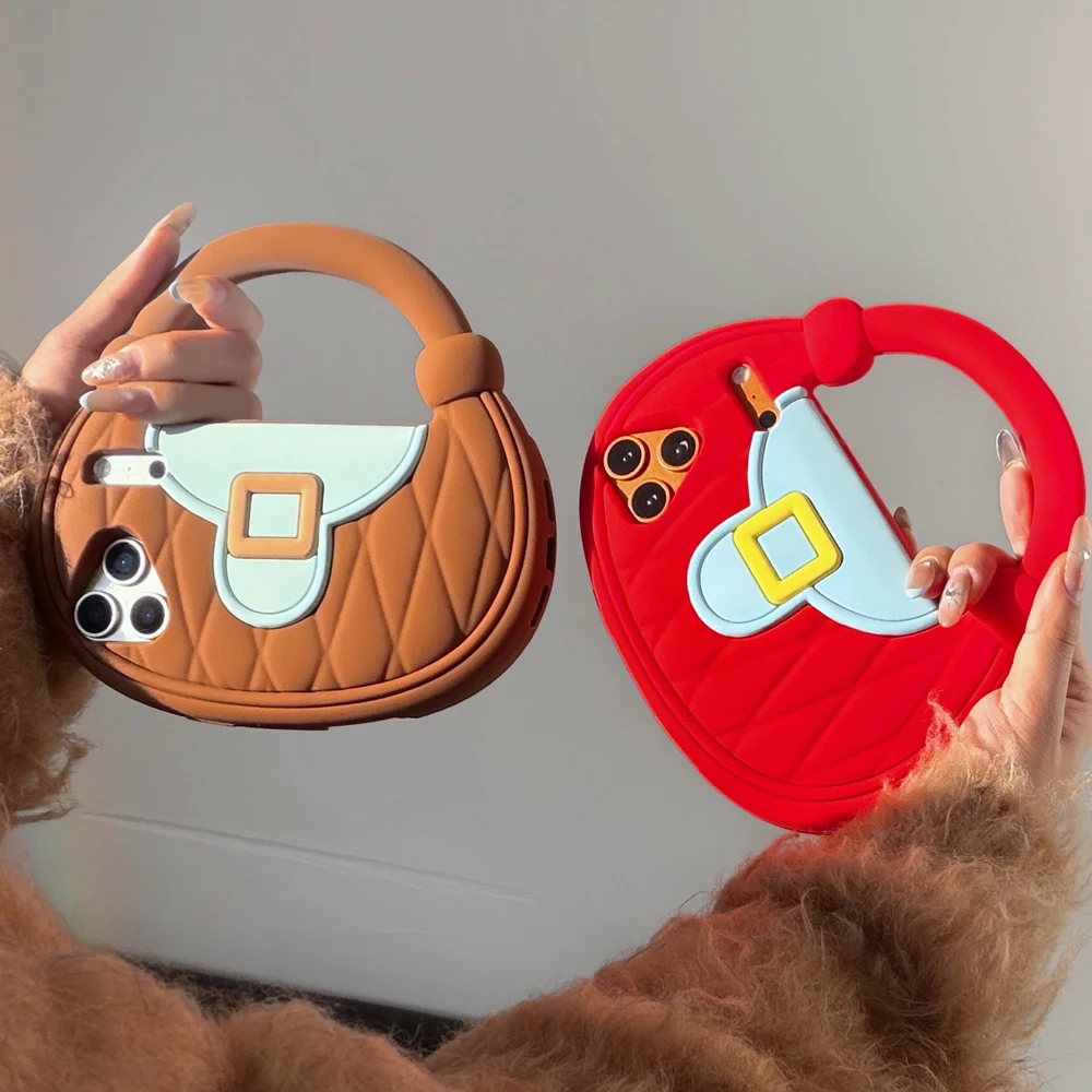 3D Handtaschenförmige Weiche Silikon-Handyhülle für Apple iPhone 13 14 15 16 17 Pro Max Stoßfeste Armband-Hülle Niedliche Taschenabdeckung