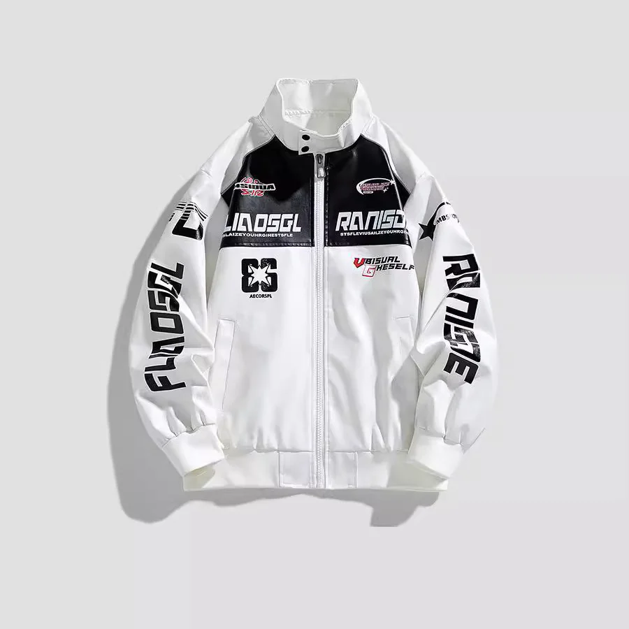 

Autumn Men Bomber Jacket New Stand Collar Motorcycle Punk Male Coat Letter Printed Zipper Long Sleeve Man Leather Outerwear