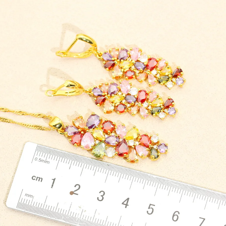 Luxury Multicolor Crystal Gold Plated Jewelry Sets Earrings Necklace Pendant Ring Bracelet  Jewellry For Women Wedding Gift