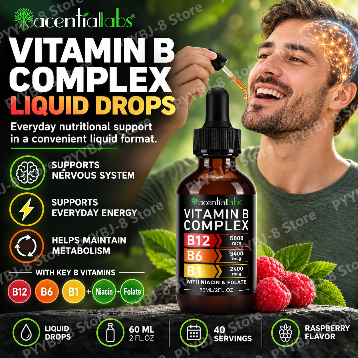 Complete B Complex Vitamin Liquid Drops, Support Energy Brain Heart Metabolism Immune, Fast Absorbing B Complex, 60ml
