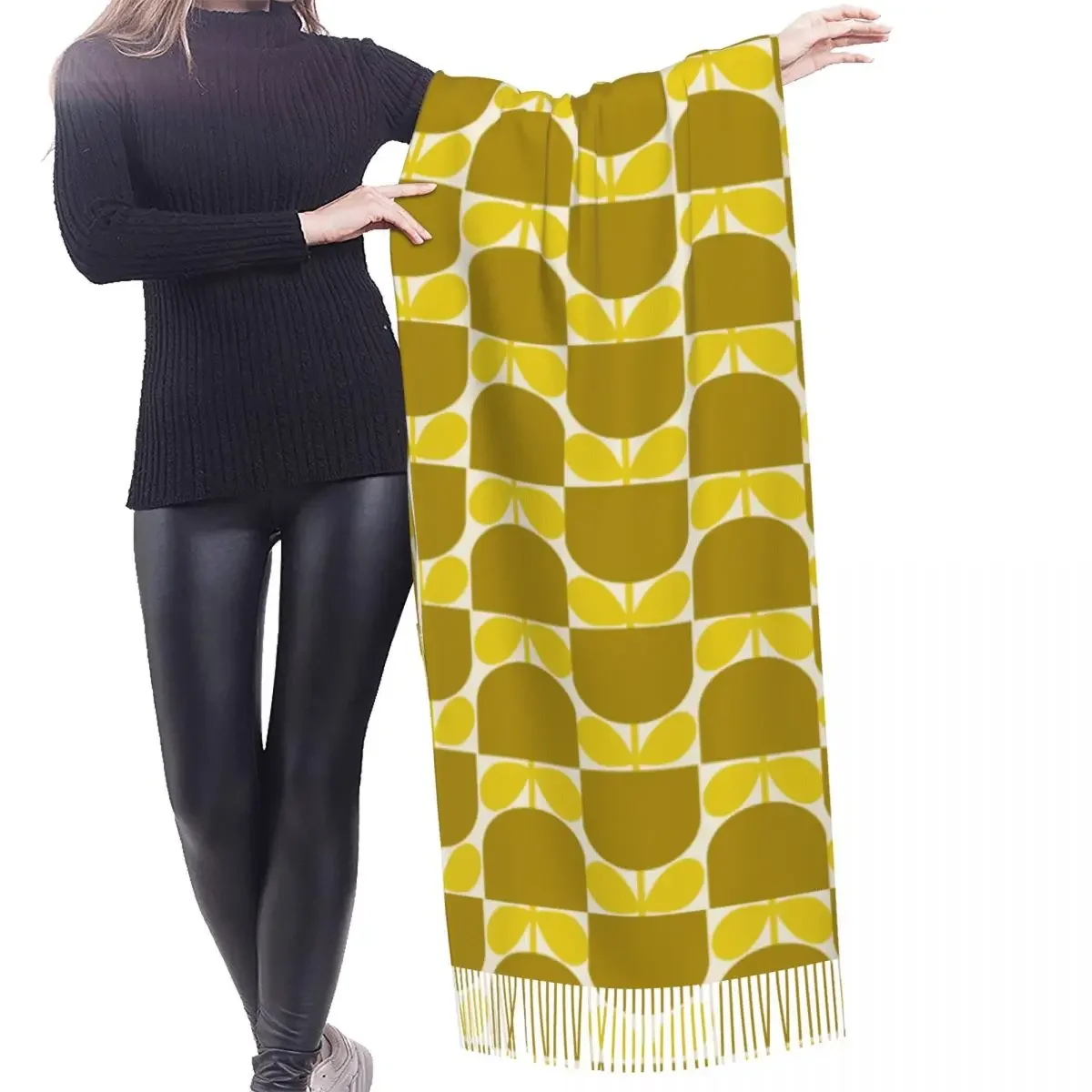 Custom Print Block Flower Ochre Scarf Wrap for Women Long Winter Warm Tassel Shawl Unisex Orla Kiely Versatile Female Scarves