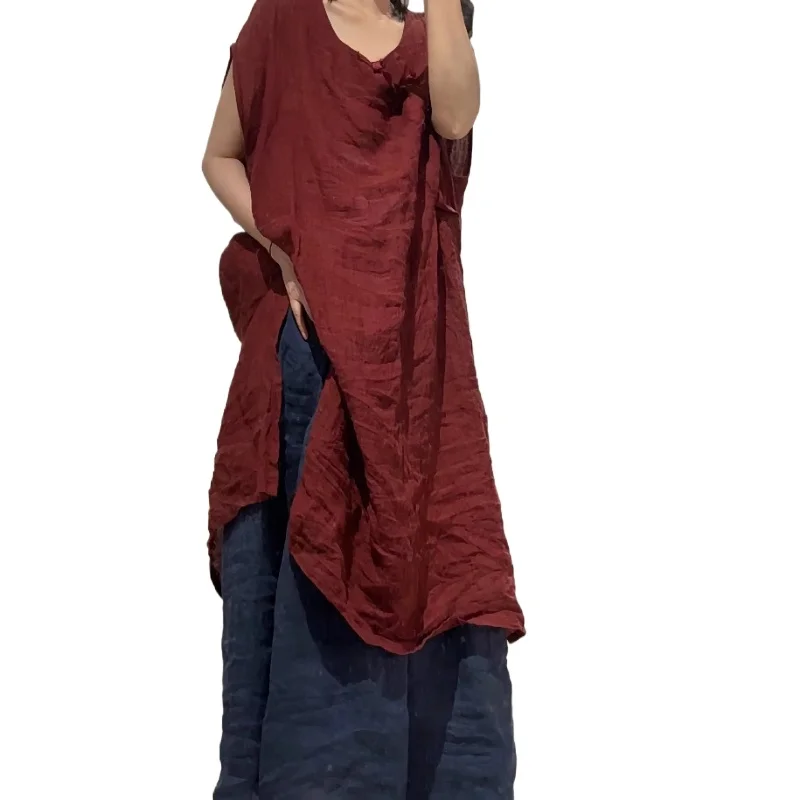 

2025 Summer Vintage Chinese Style Long Split TEE Women Sleeveless Vest Femme Plus Size Loose Basic Simple Vintage Dress Clothes