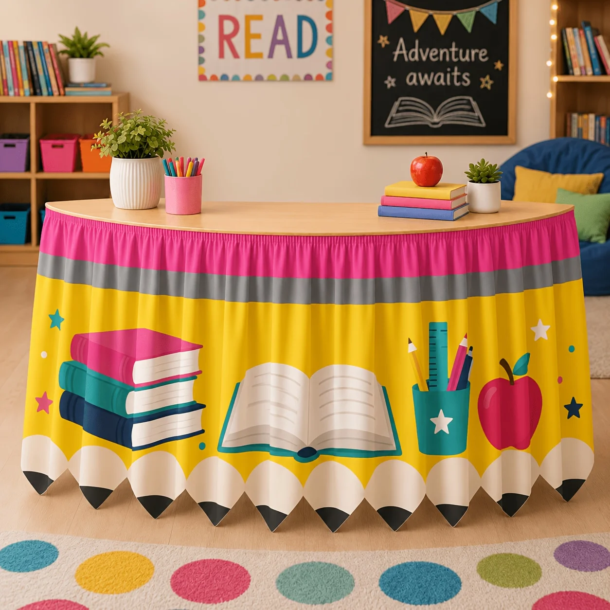 2D flat banner, 1 piece, free table skirt, back-to-school theme book, pencil jar, apple star pattern tablecloth.
