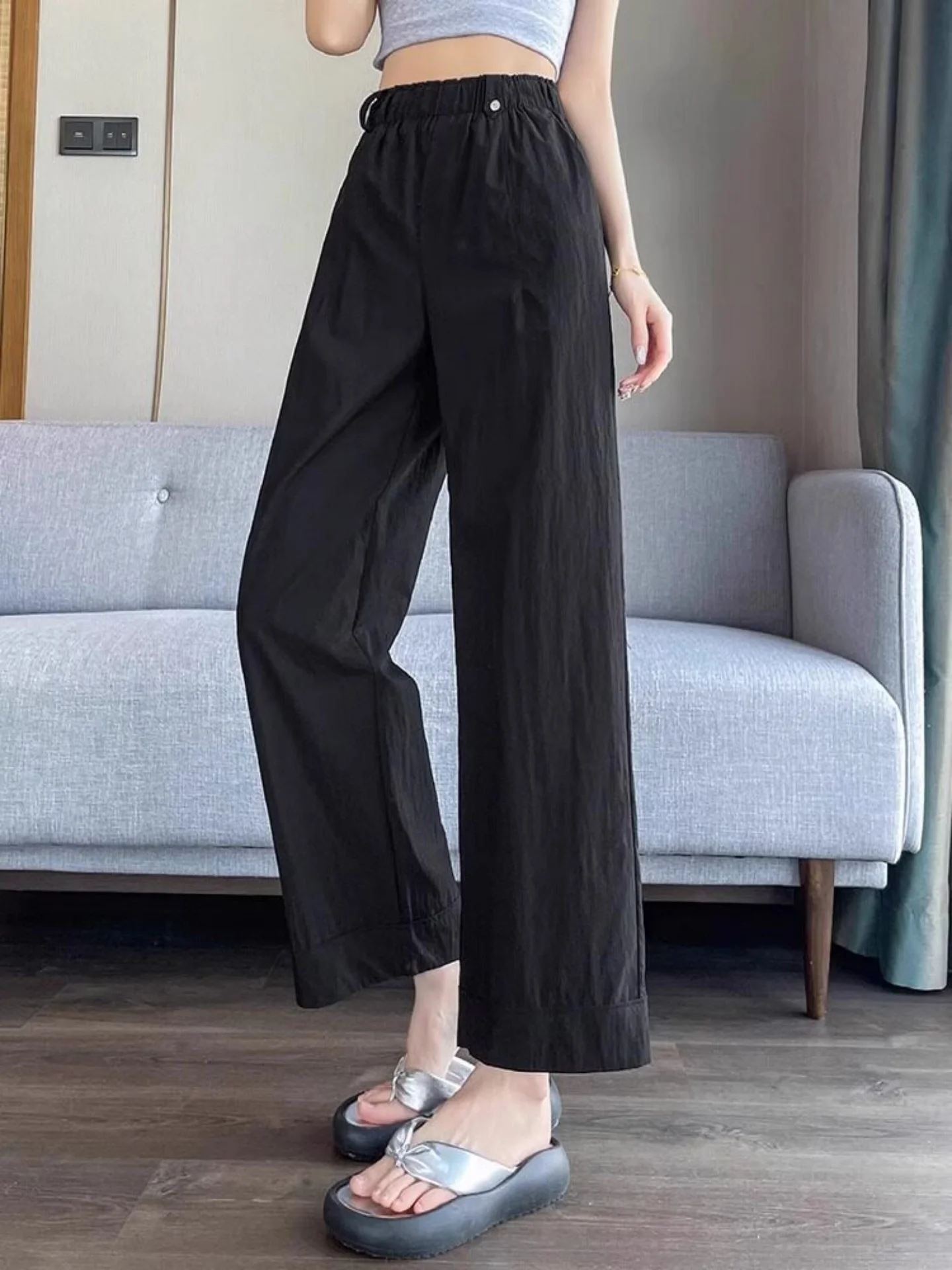 Ice Silk Yamamoto Wide Leg Pants Women's Summer Thin Loose Slim Quick Dry Flower Bud Straight Casual Nine Point Pants
