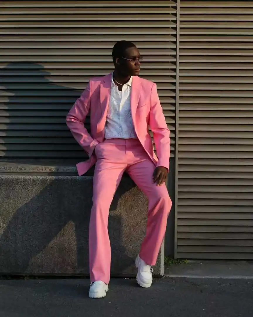 Pink Spring Men Suits Set 2 Pieces Cotton Blazer+Pants Trousers Customized Wedding Tuxedos Formal Office Business Jacket Coat