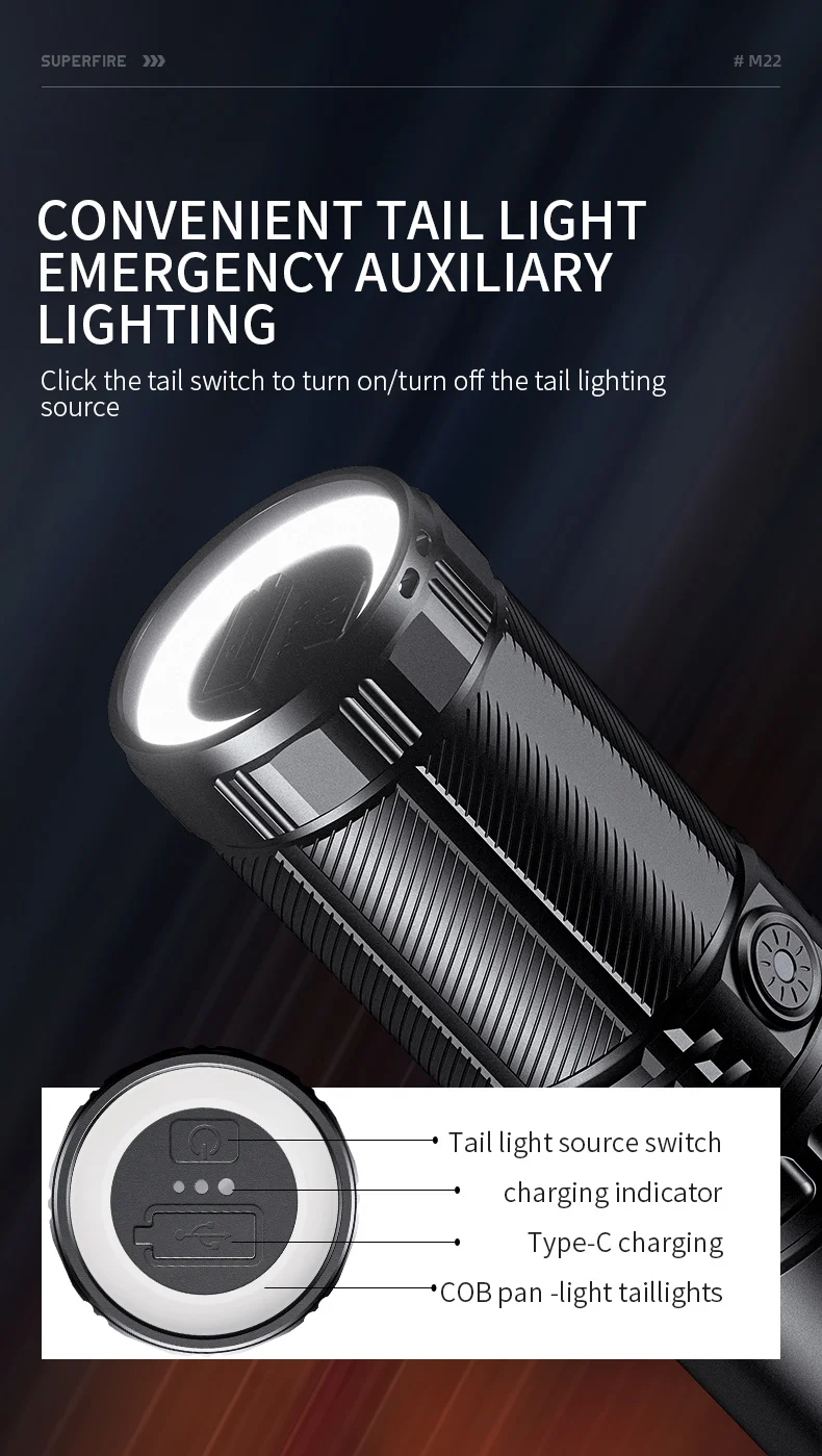 2025 SUPERFIRE M22 (Y2) Hochleistungs-Zoom-Taschenlampe mit großer Reichweite, wiederaufladbar, starkes Licht, 18650-Akku, Notfalllaterne – Detail 7