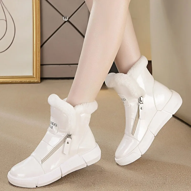 Mirror Leather Women Snow Boots Plush Warm Fur Causal Boots Shoes Sneakers Ankle Booties Platform Thick Sole Zipper Winter Shoes