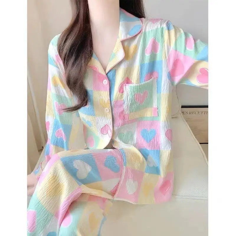 

Новые осенние длинные брюки с длинными рукавами, одежда для сна, женский комплект из двух предметов, красочный кардиган в форме сердца, модный и можно носить на улице