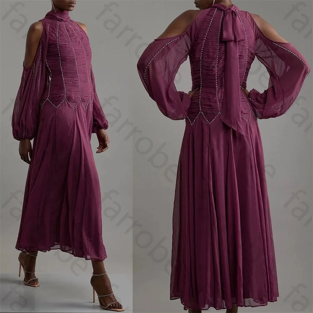 Изысканное платье для выпускного вечера по индивидуальному заказу, шифоновое плиссированное драпированное платье трапециевидной формы со стразами и высоким воротником, платья миди, вечернее платье для женщин