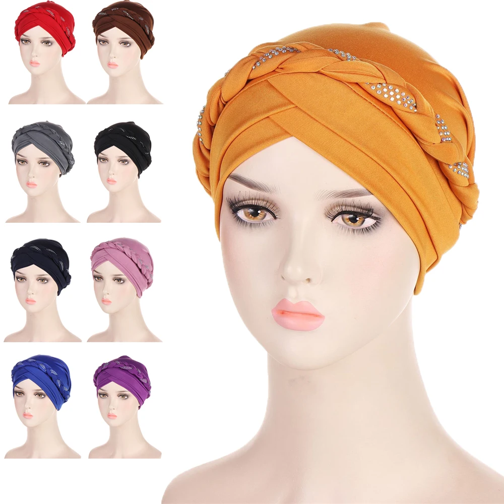 

Muslim Women Inner Caps Braided Bandanas Hijab Comfort Fashion Turban Hat Colorful Cross Knot Chemo Hats Head Wearing Turbante