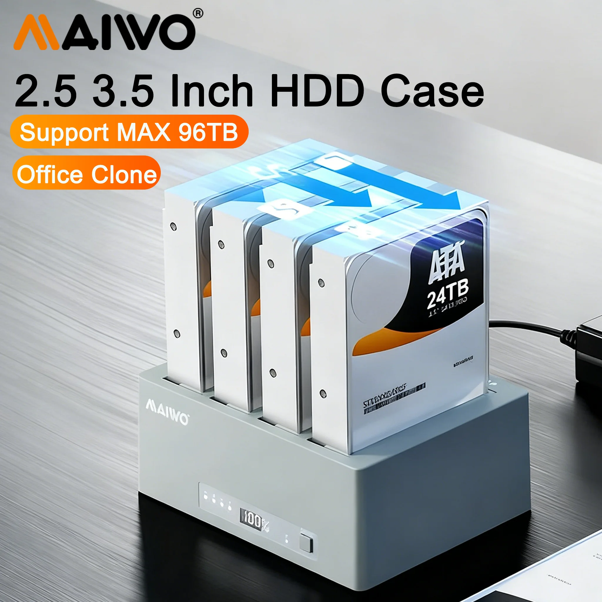 

MAIWO 4 Bay Offline Clone External Hard Drive Case with 2.5 3.5" SATA HDD Docking Station Data Storage Support 96TB Capacity
