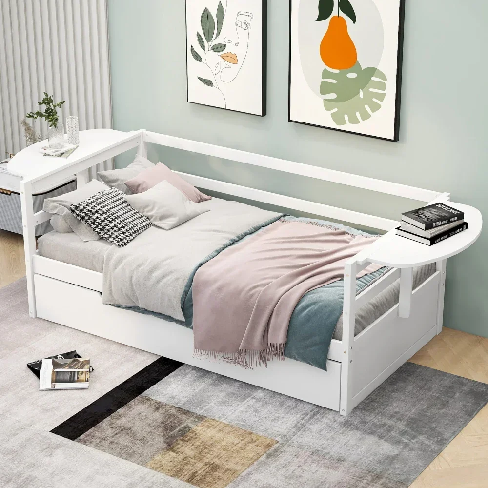 Twin Size Daybed with Trundle and Foldable Shelves Both Sides,White Children's Bed Bunk Beds for Kids Kids Furniture Wooden Bed