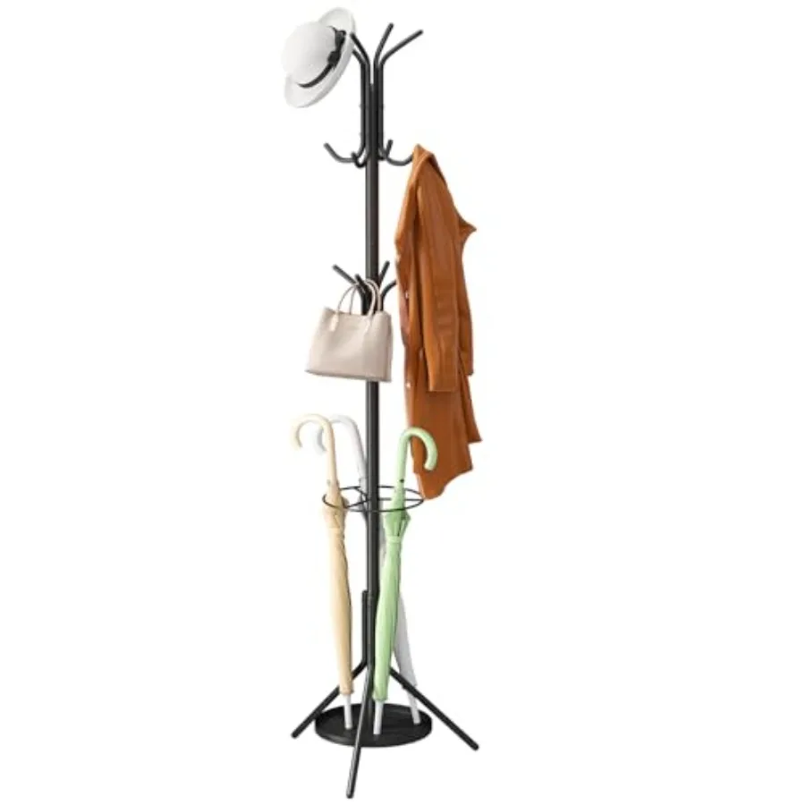 

Coat Rack FreestandingEntryway Hanger Stand Umbrella Holder Hall Tree With 12 Hooks Floor Standing Metal Tree Stand Black