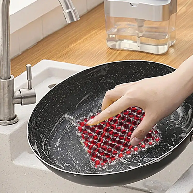 Stainless Steel Chain Mail Scrubber Kitchen Multipurpose Cast Iron Scrubber Cast Iron Cleaning Tool Metal Pan Scrubber For Grill