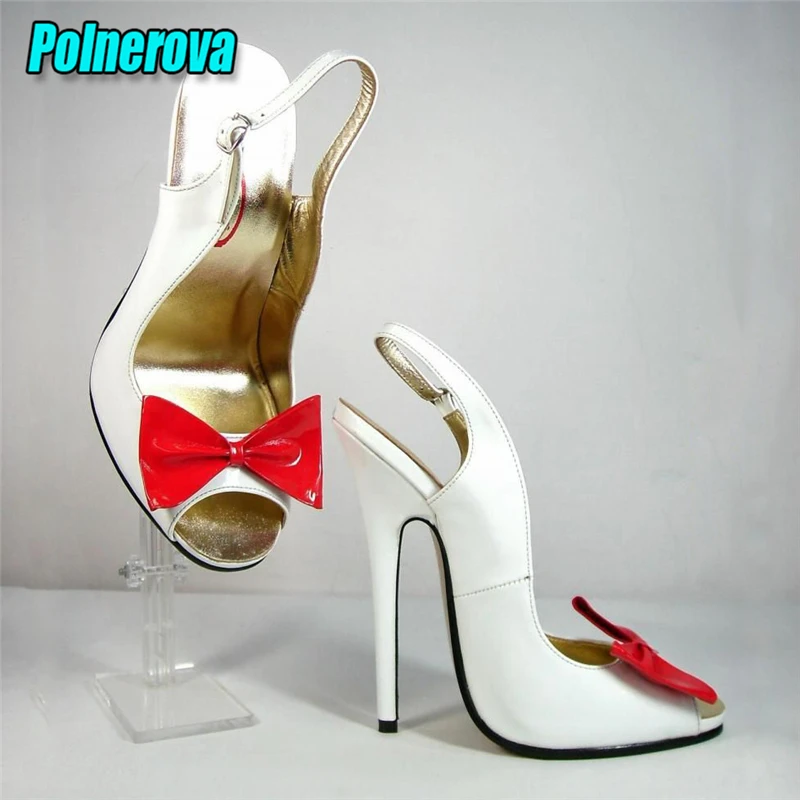 

Red Bowknot 16CM High Heels Sandals White Blue Patent Leather Peep Toe Buckle Strap Stiletto Pumps Summer Sexy Party Women Shoes