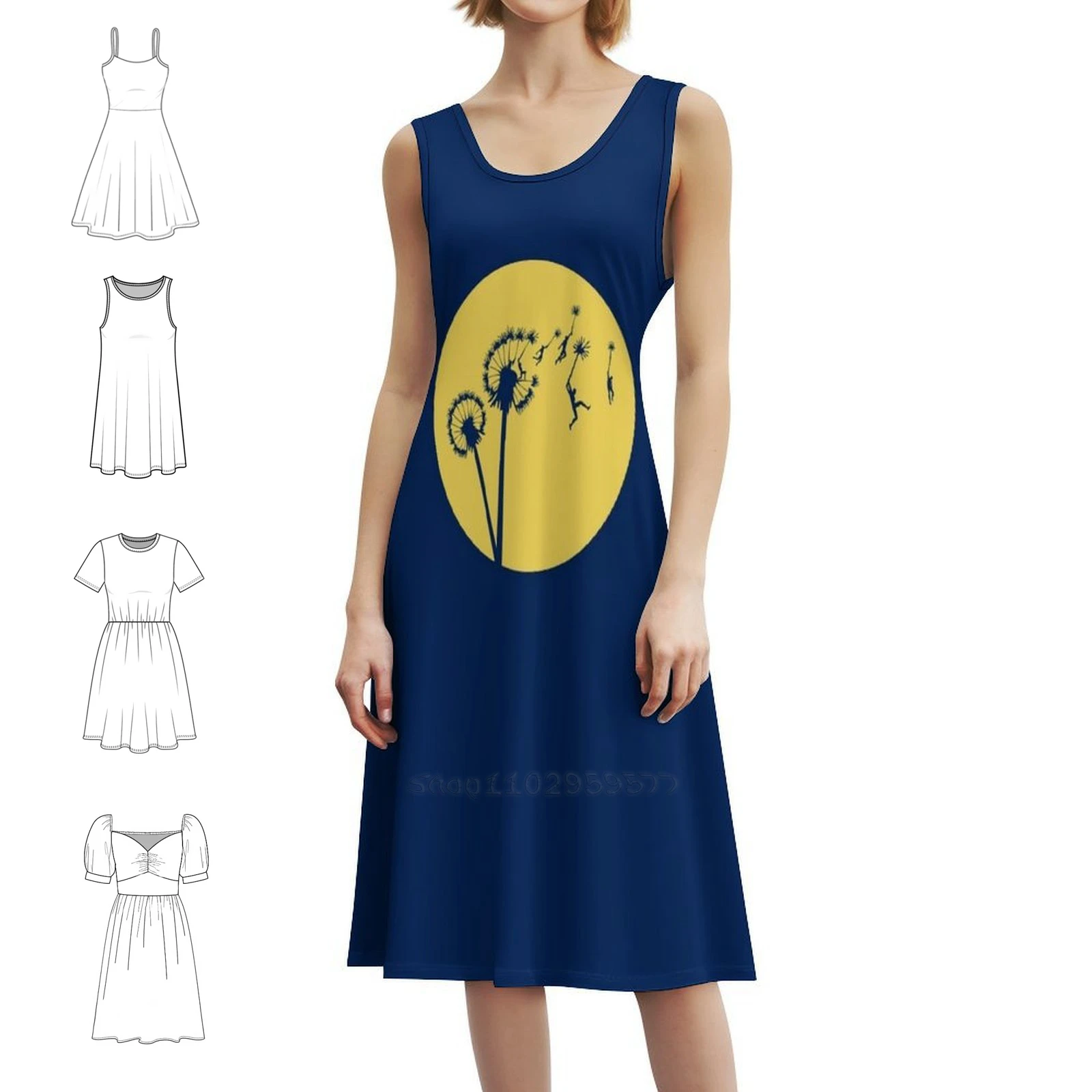 Dandylion Flight-Reversed Circular Women's Elegant Party Dress A-Line Dress With Short/Long/Sleeveless Options Dandelion Vector