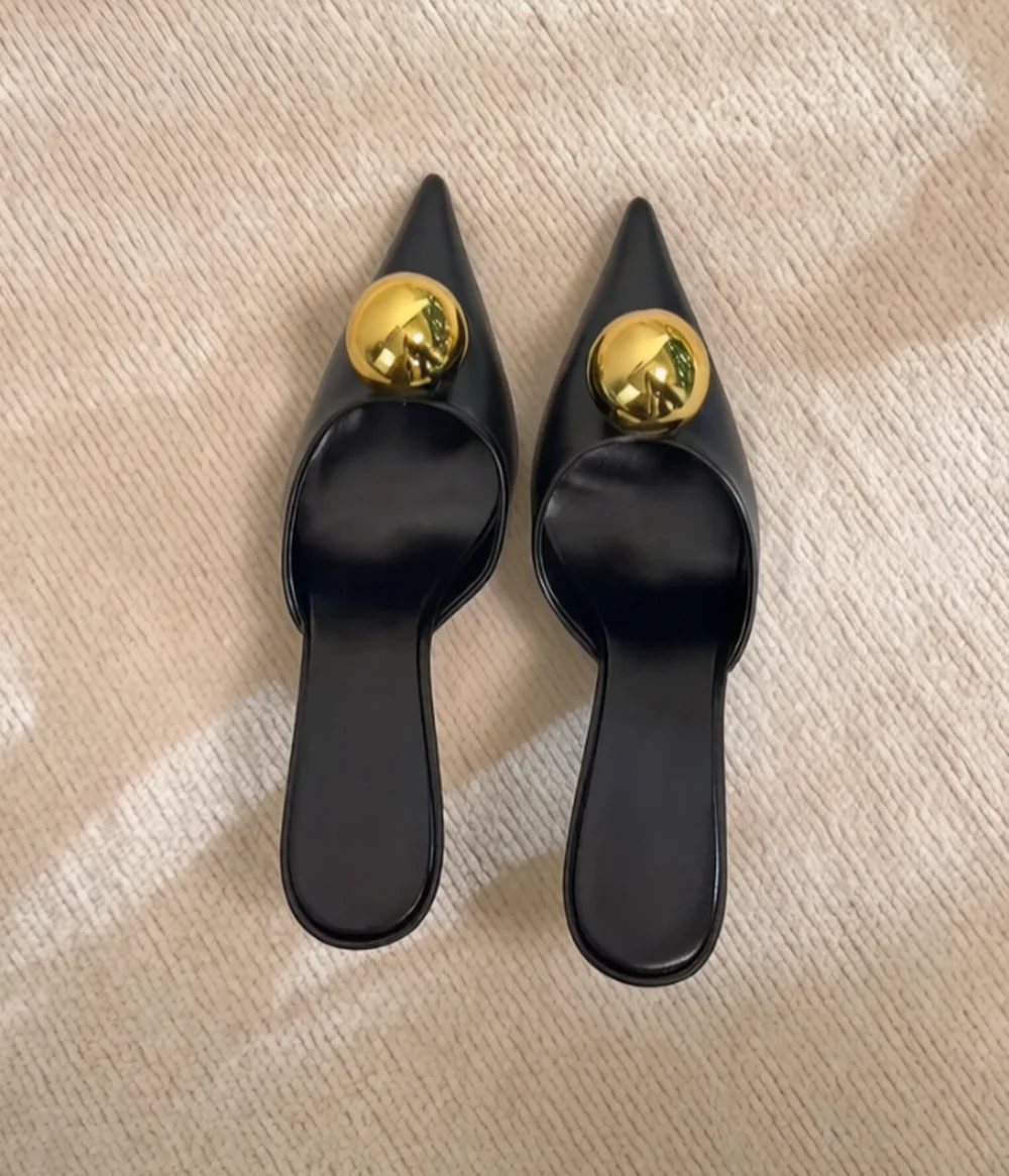 Cool Shiny Metallic Heeled Sandals Oversized Ball Accents Pointed Toe Ball Heel Design Fashion Street Party Style for Lady