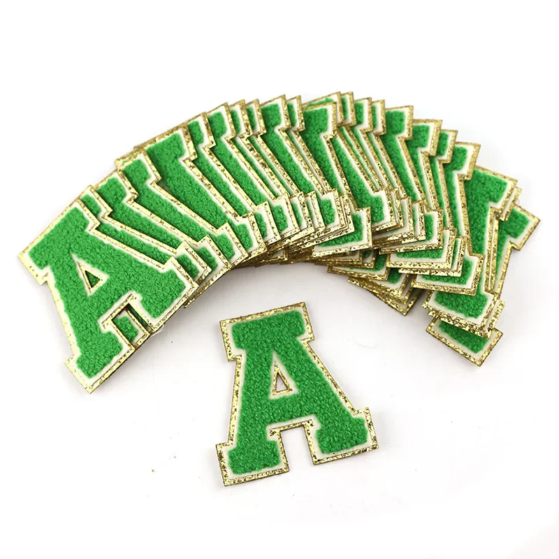 Letter A Christmas Green Towel Embroidered Patches Chenille Gold Glitter Cloth Sticker Gritt Alphabet Clothing DIY Accessory 8cm