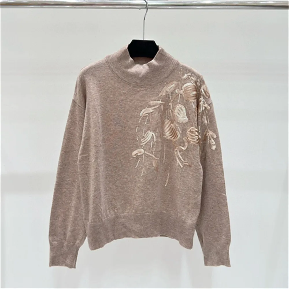 Autumn Winter 2024 Women\'s Half-High Collar Embroidered Sequins Pullover Sweater Long-Sleeved Knitted Top