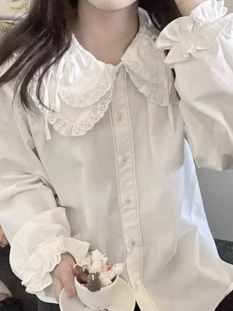 Pastoral Mori 일본 오리지널 로리타 인형 칼라 레이스 업 셔츠 달콤하고 귀여운 소녀 흰색 레이스 다목적 긴팔 탑