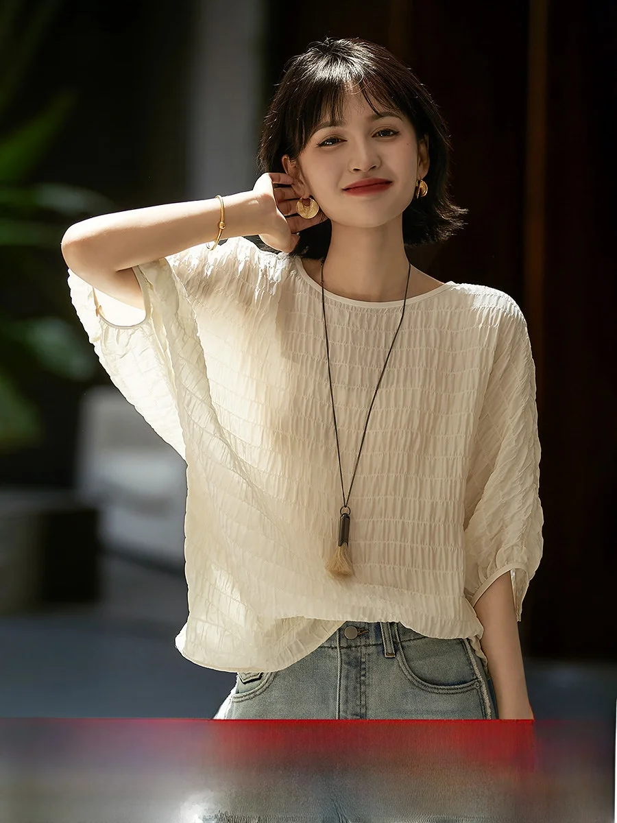 

Новая летняя свободная женская шелковая блузка с рукавами-фонариками, жатой текстурой и принтом «облака», в стиле OL, с круглым вырезом