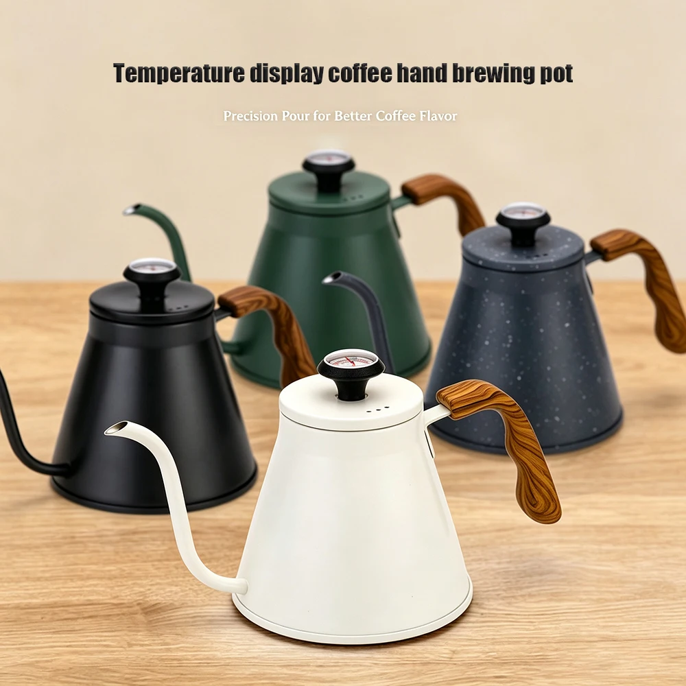 1.2L Nordic Style Pour Over Kettle with Thermometer, 304 Stainless Steel Gooseneck Kettle, Household Hand Brew Drip Coffee Pot