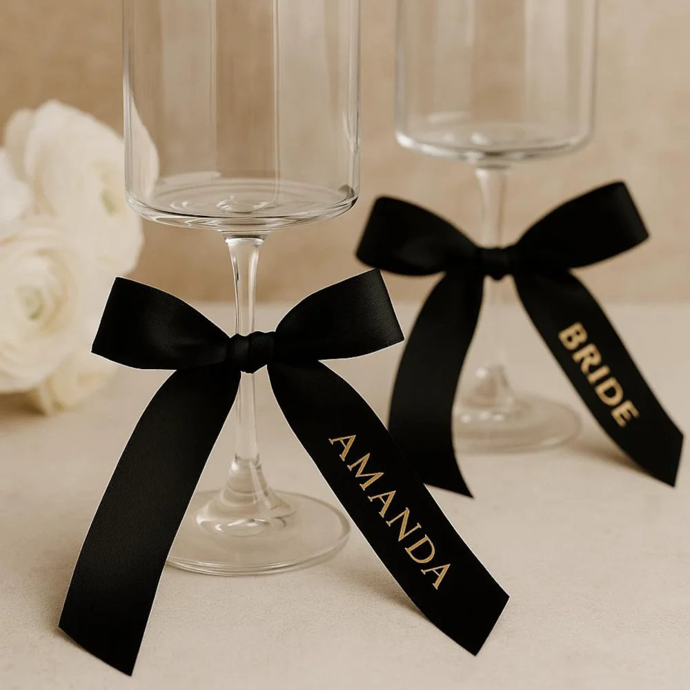 10 stuks gepersonaliseerde wijnglaslinten op maat gemaakte champagne-naamlabels goudfolie logo bruiloft naam plaatskaarten bruids douche decor - afbeelding 2