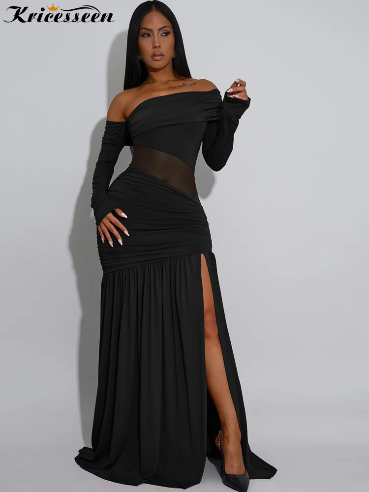 Kricesseen-Vestido largo de manga larga para mujer, vestido Sexy negro con hombros descubiertos, vestido de noche Formal de sirena fruncido con corte de malla