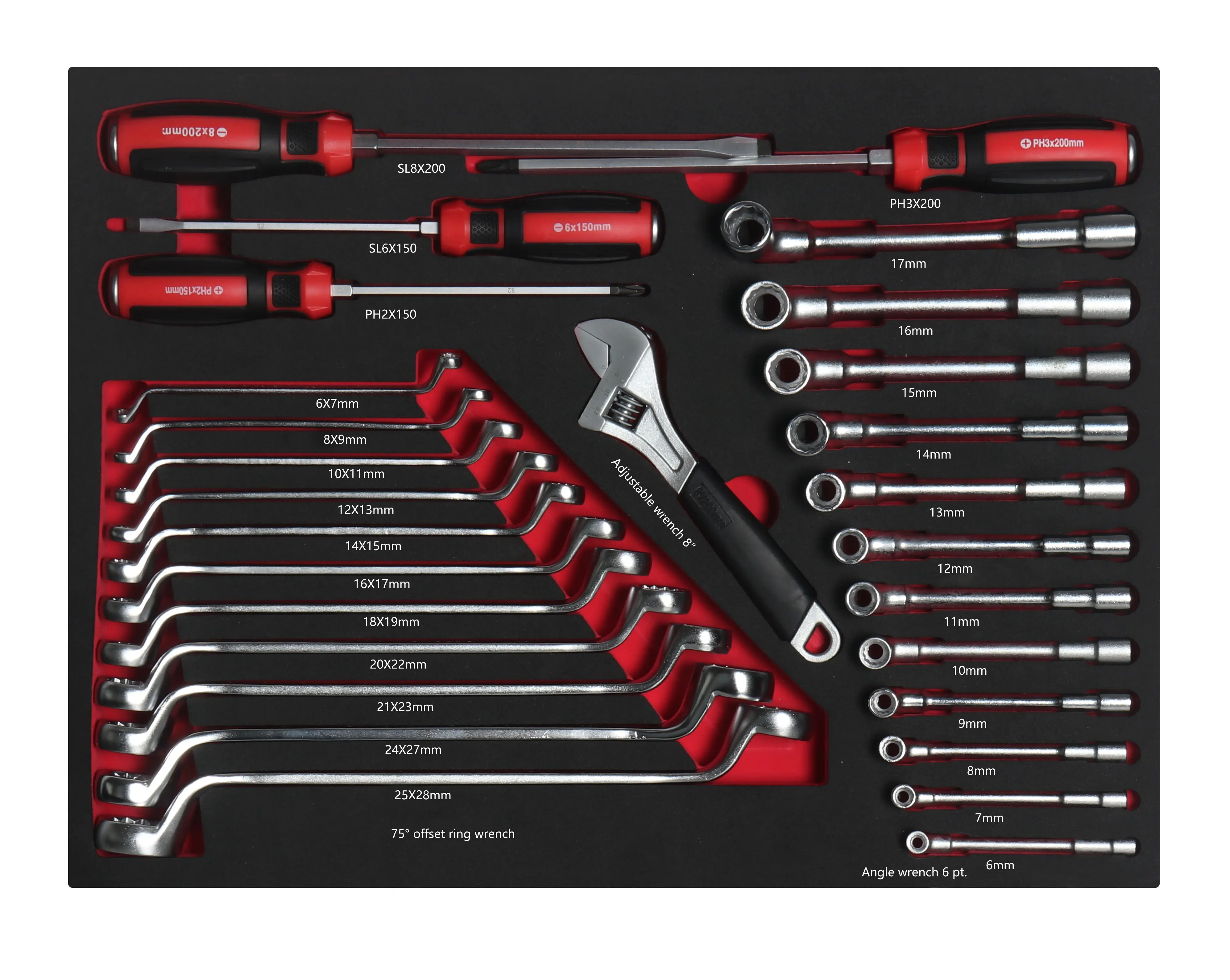 28PCS EVA Foam Tray  Universal Double Off Ring Box End Wrench Spanner Set 8-19mm L Socket Wrench Spanner Key Hand Tools