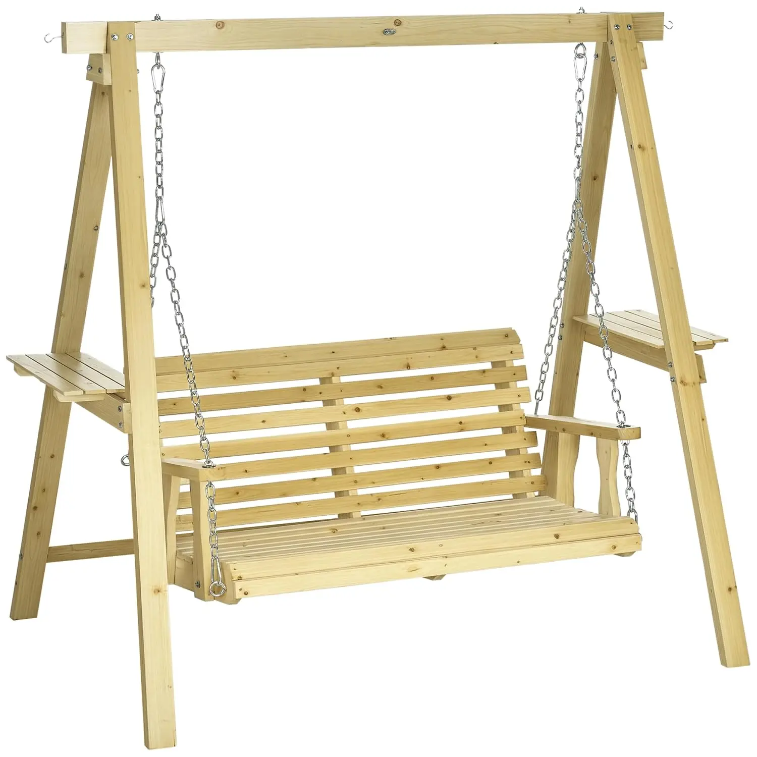 2-Seat Porch Swing W/Stand & Side Tables Metal Chain Natural Wood Frame, Customized