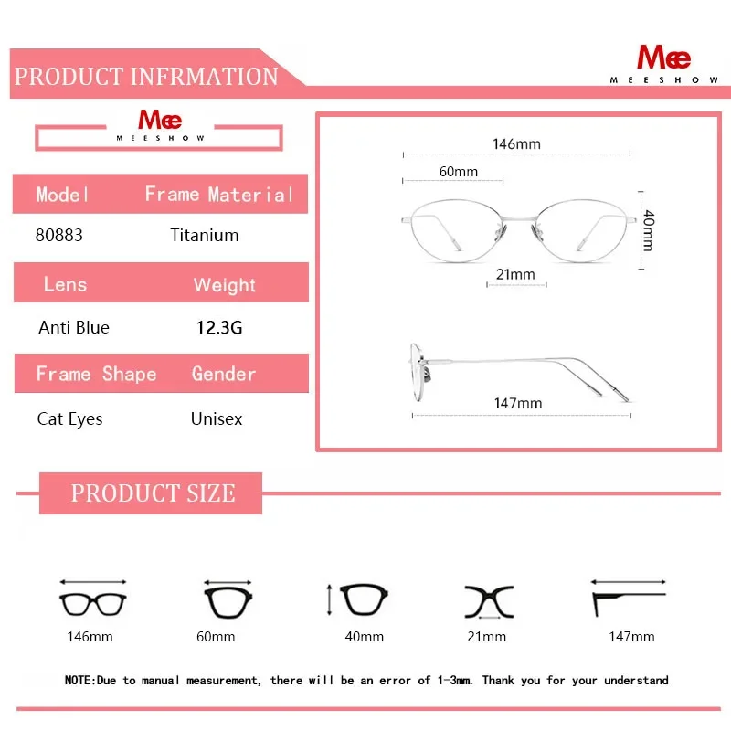 Meeshow Brand New Chic Eyeglasses Women's Blue Light Blocking Glasses Trend CAT EYE Lady's Titanium Prescription Small Eyewear