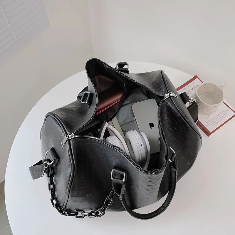 Leather Travel Bag 2022 Women Large Capacity Handbag With Chain Men Business Travel Duffel Tote Weekend Large Shoulder Bags