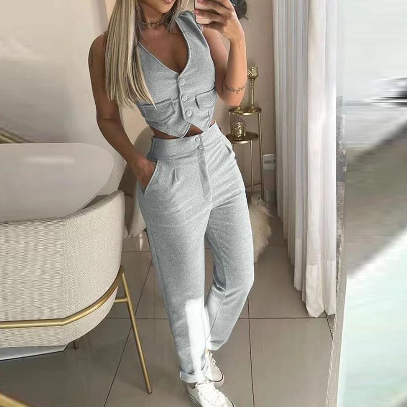 

Fashion Hight Wasit Pockets Commuter Sets Sexy V-neck Button Blouse & Long Suits Women Casual Sleeveless Solid Slim 2Pc Outfits