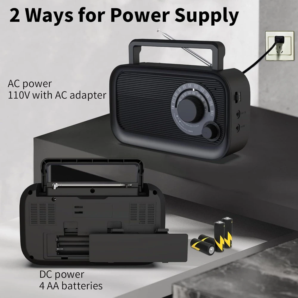 วิทยุบลูทูธ AM/FM พร้อม DSP, การรับสัญญาณที่ดีที่สุด, ไฟ AC/แบตเตอรี่, แจ็คหูฟัง, ปุ่มขนาดใหญ่สําหรับใช้ในบ้าน/กลางแจ้ง