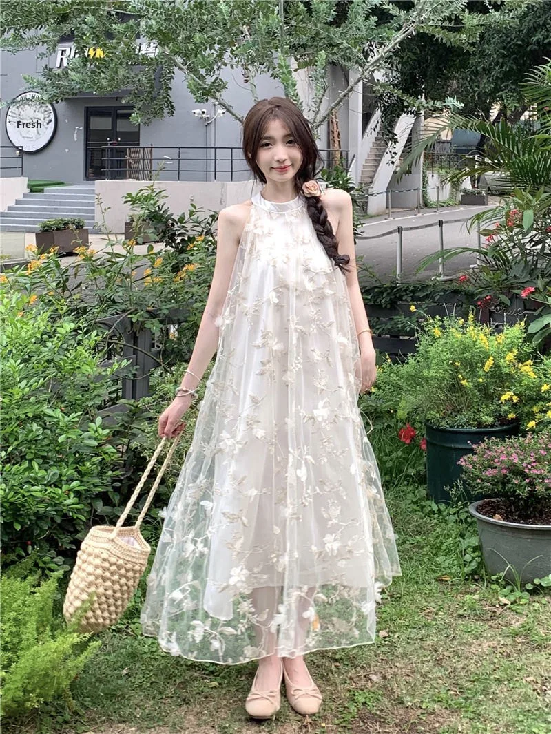 

plus Size Sweet Style Summer Dress Slimming Vest Sleeveless 300 Pounds High Waist Embroidered Princess Ball Gown Maxi Dress