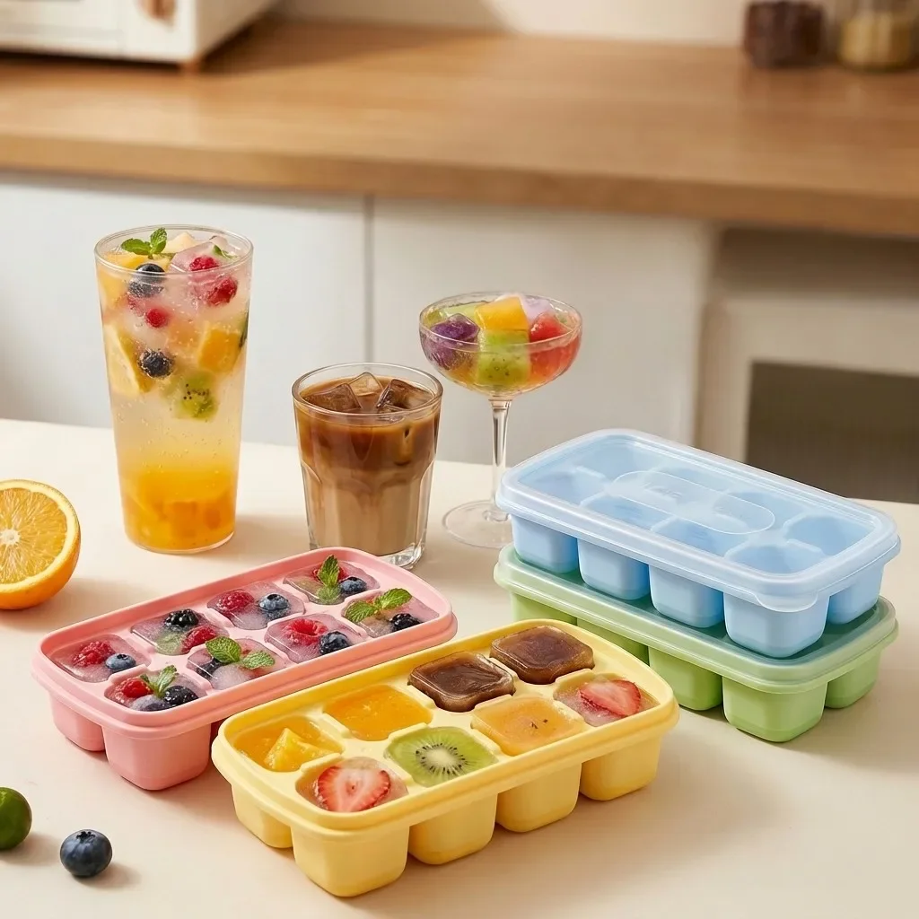 1/2/4pcs Square Plastic Ice Cube Tray With Lid 8 Grids Reusable Ice Cube Mold Refrigerator DIY Ice Maker Ice Mould For Drinks