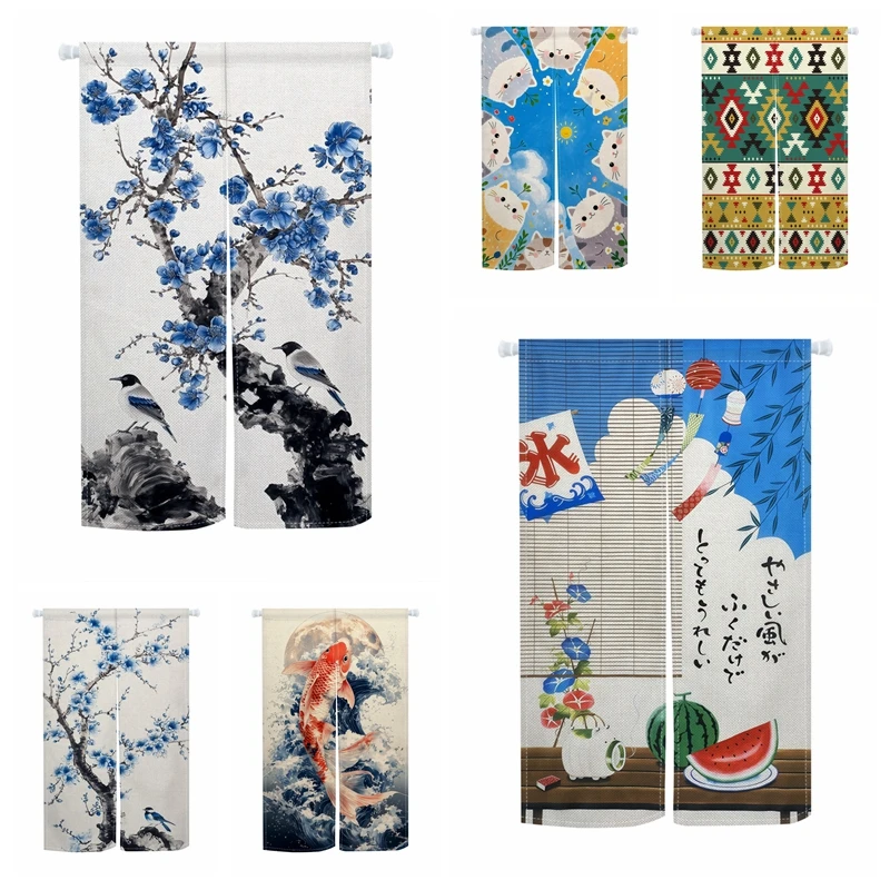 Japanese Noren Door Curtains Bird Koi Fish Cat Floral Pattern Linen Doorway Curtain Kitchen Bedroom Entrance Split Half Curtains