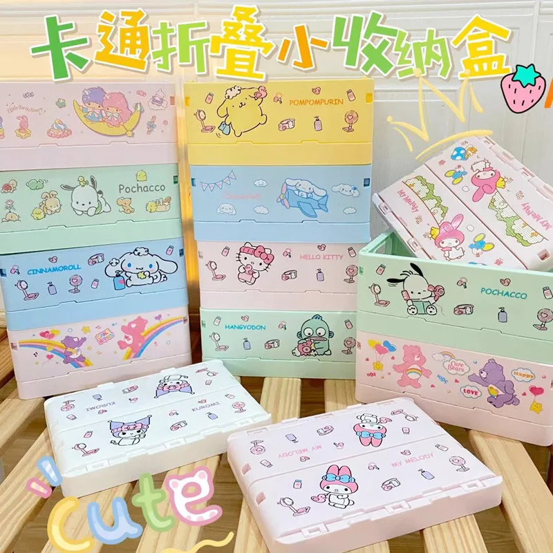 Kawaii Sanrio Hello Kitty Kuromi Cinnamoroll Foldable Storage Box Cartoon Desktop Stacked Stationery Storage Basket For Girls