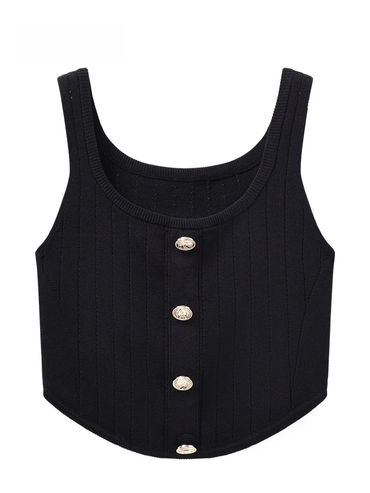 JZZDEMM Chaleco de punto con cuello en U para mujer, ajustado, a la moda, con hebilla dorada, parte inferior redonda, longitud corta, color