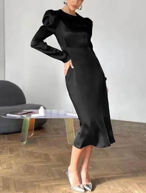 

Autumn black fashionable thick matte color Ding satin round neck bubble sleeve commuting sexy dress for women