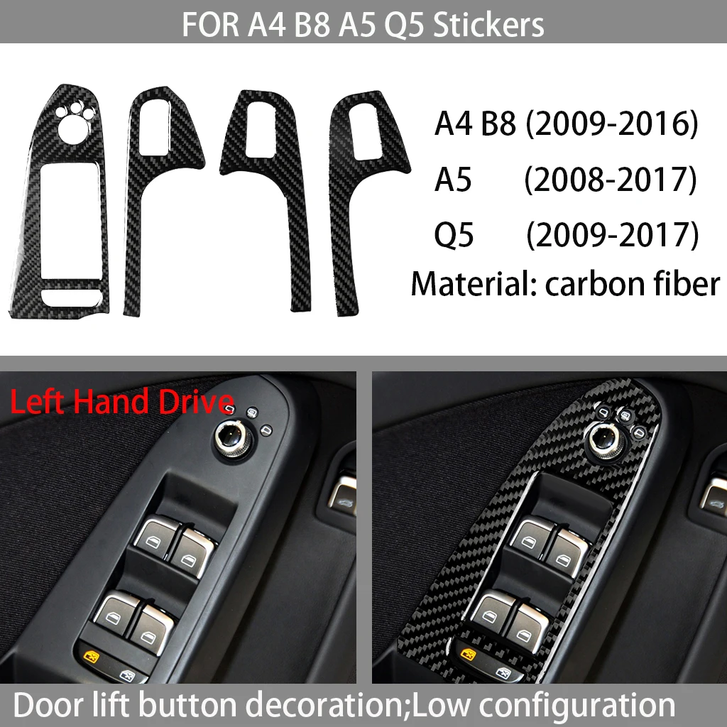 4pcs Carbon fiber Car Interior Door Lift-taste Panel Decoration Sticker for Audi A4 B8 A5 Q5 2009-2016 Auto Accessories